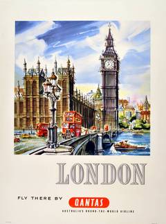 Affiche publicitaire originale de voyage des années 1950 : Londres - Venir en avion avec Qantas