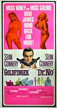 Vintage Original Three Sheet James Bond 007 Movie Poster For Dr No And Goldfinger