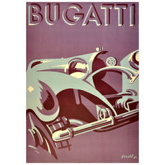 Vintage Original Iconic Art Deco Bugatti Car Advertising Poster by Gerold Hunziker, 1932
