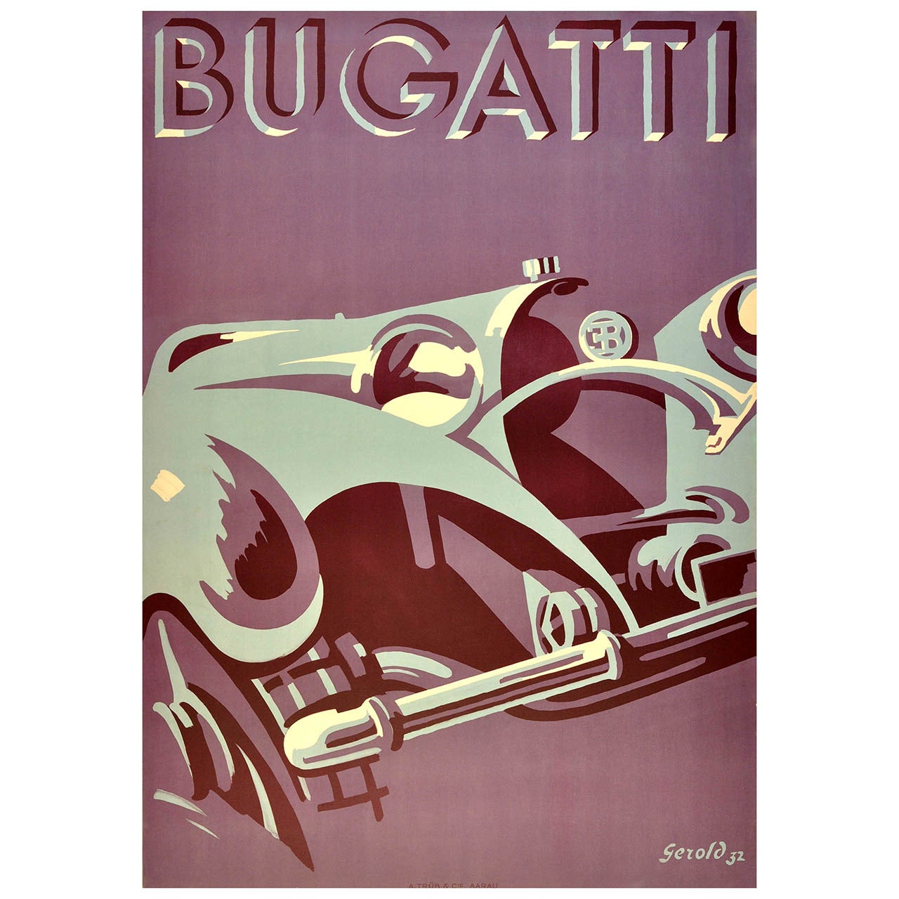 Original Iconic Art Deco Bugatti Car Advertising Poster by Gerold Hunziker, 1932