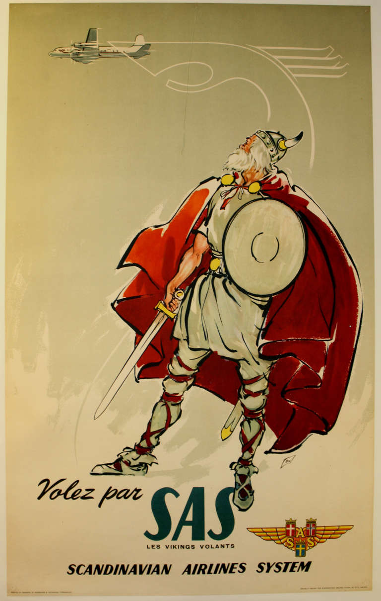Original vintage travel advertising poster for Scandinavian Airlines System “Volez par SAS les Vikings Volants”. Get away with the Flying Vikings. Striking image of a Viking looking up at a propeller plane with a stylised SAS logo. Printed in
