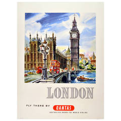 Original 1950s Retro Travel Advertising Poster "London - Fly There By Qantas"