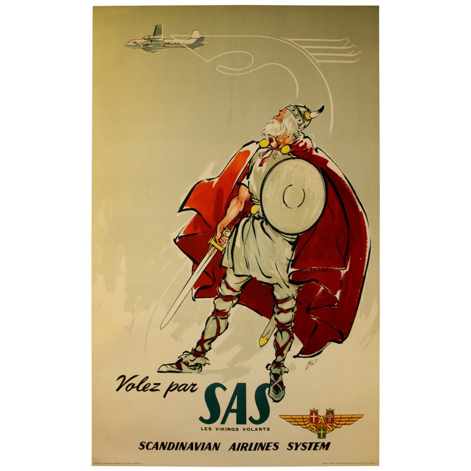 Original Vintage Poster for Scandinavian Airlines System, Flying Vikings