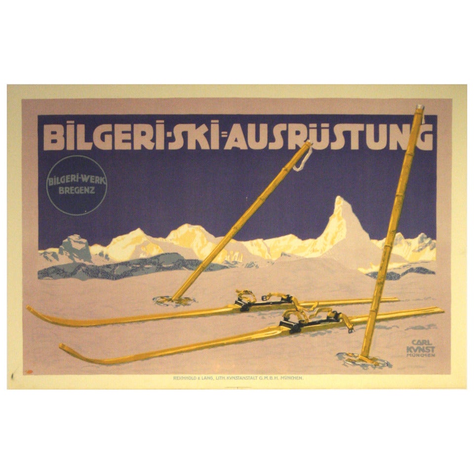 Original vintage skiing poster for Bilgeri featuring the Matterhorn, Zermatt