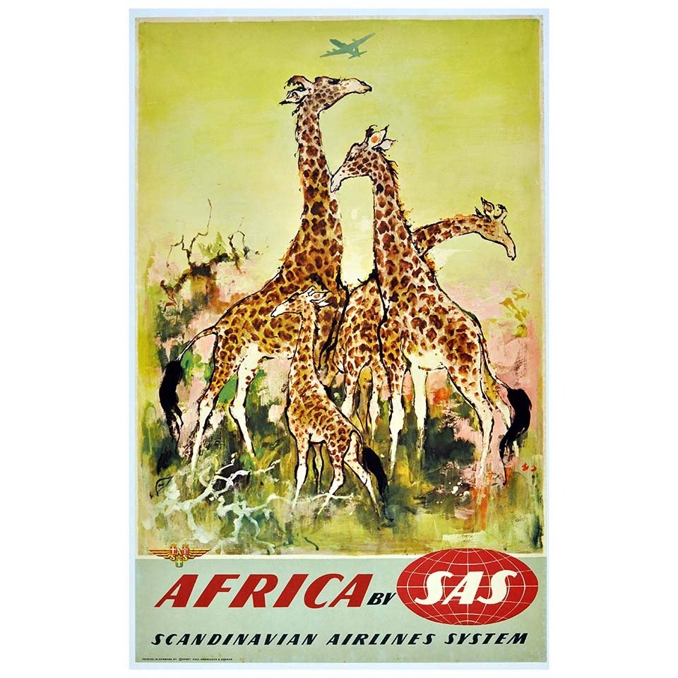 Original Vintage Travel Poster by Otto Nielsen: Africa by SAS featuring Giraffes