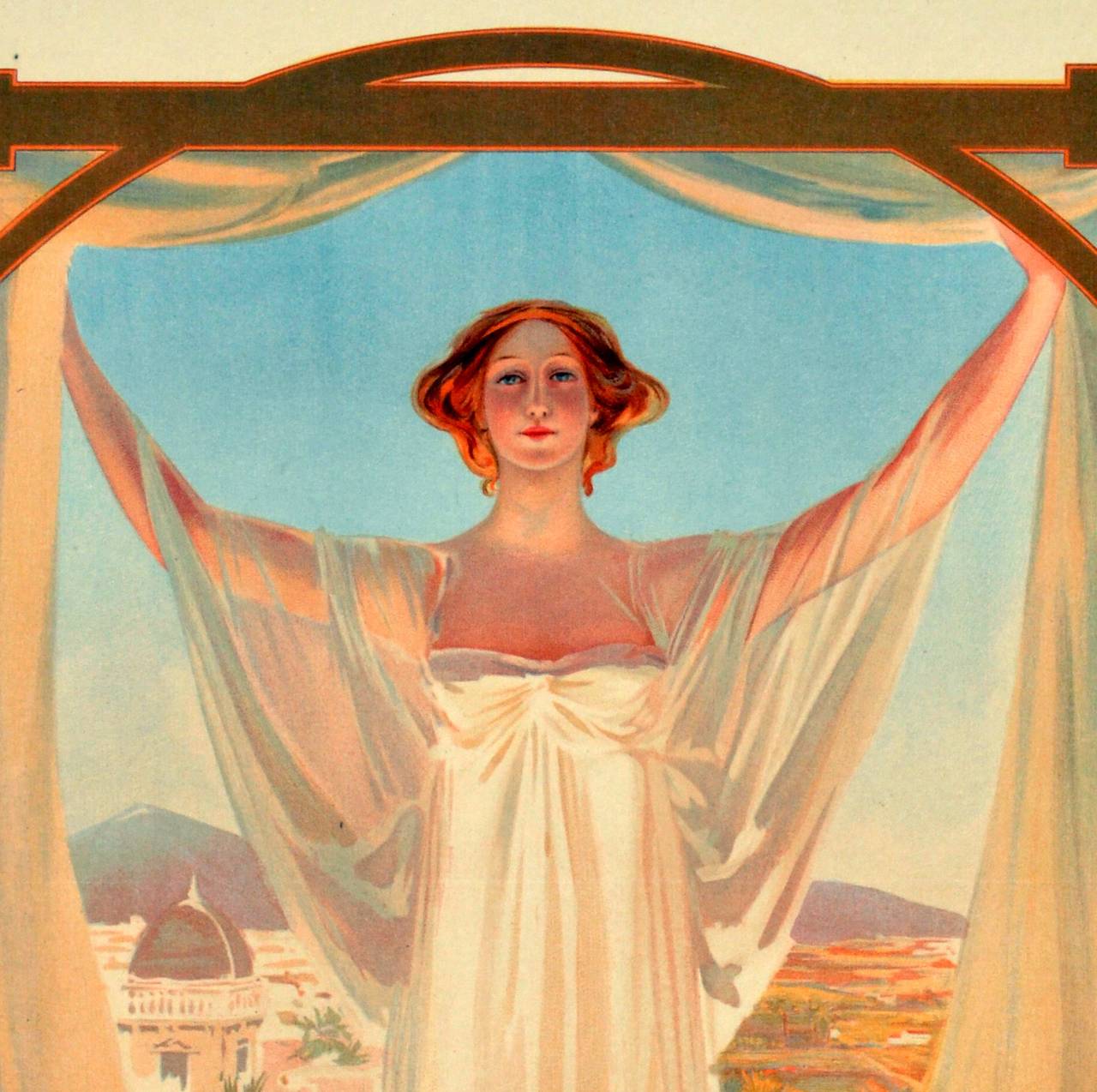 Original vintage travel advertising poster for Nelson Line cruises to Argentina (Sunny South) and Brazil. Stunning Art Nouveau style image of a lady opening curtains to reveal a city and mountains behind her with a cruise liner below on the sea and