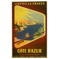 Original vintage poster for the Cote d'Azur, Visitez la France SNCF - train view