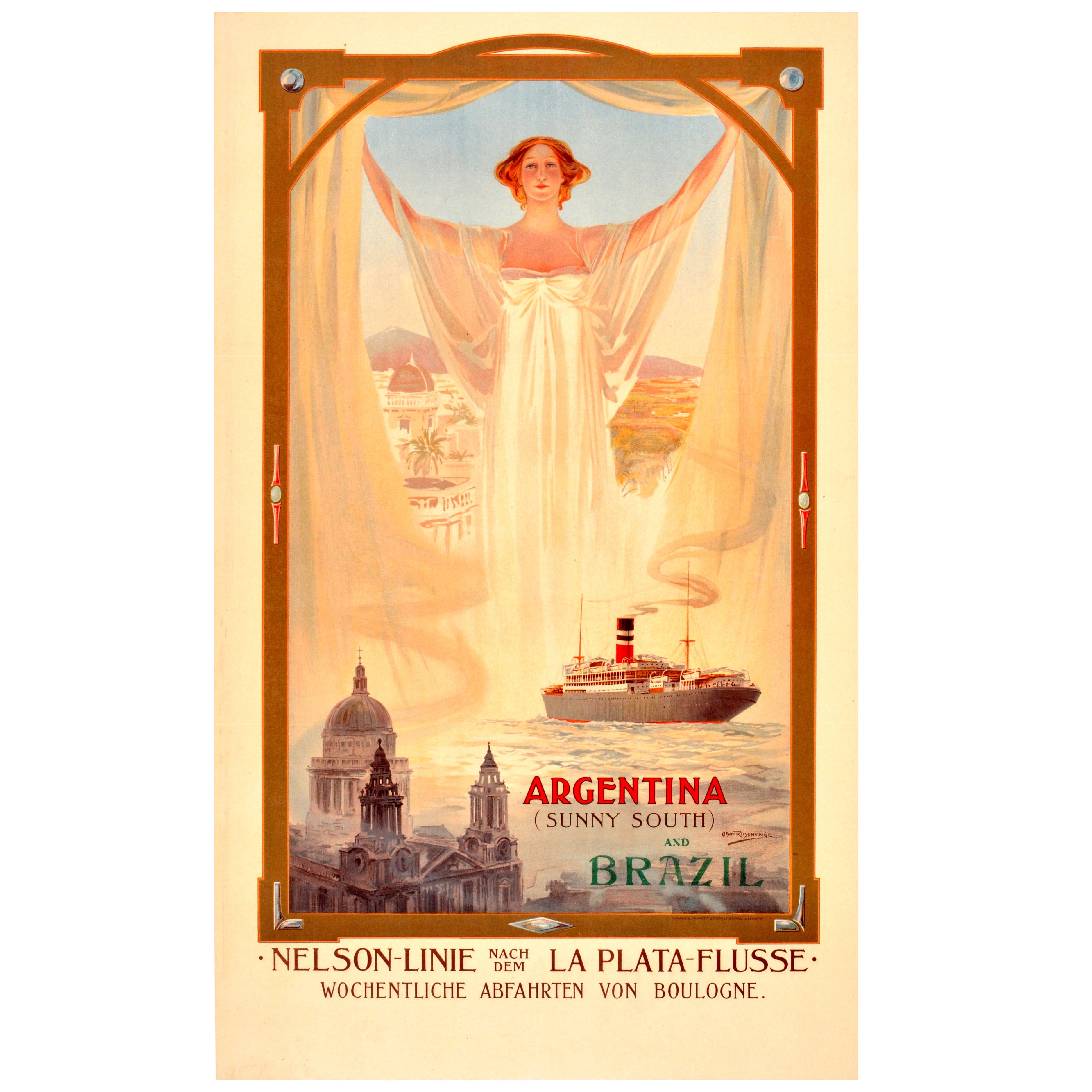 Early 1900s Art Nouveau Poster, "Nelson Line Cruises, Argentina & Brazil"
