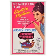 Vintage Original 1965 Movie Poster For Breakfast At Tiffany's, Starring Audrey Hepburn