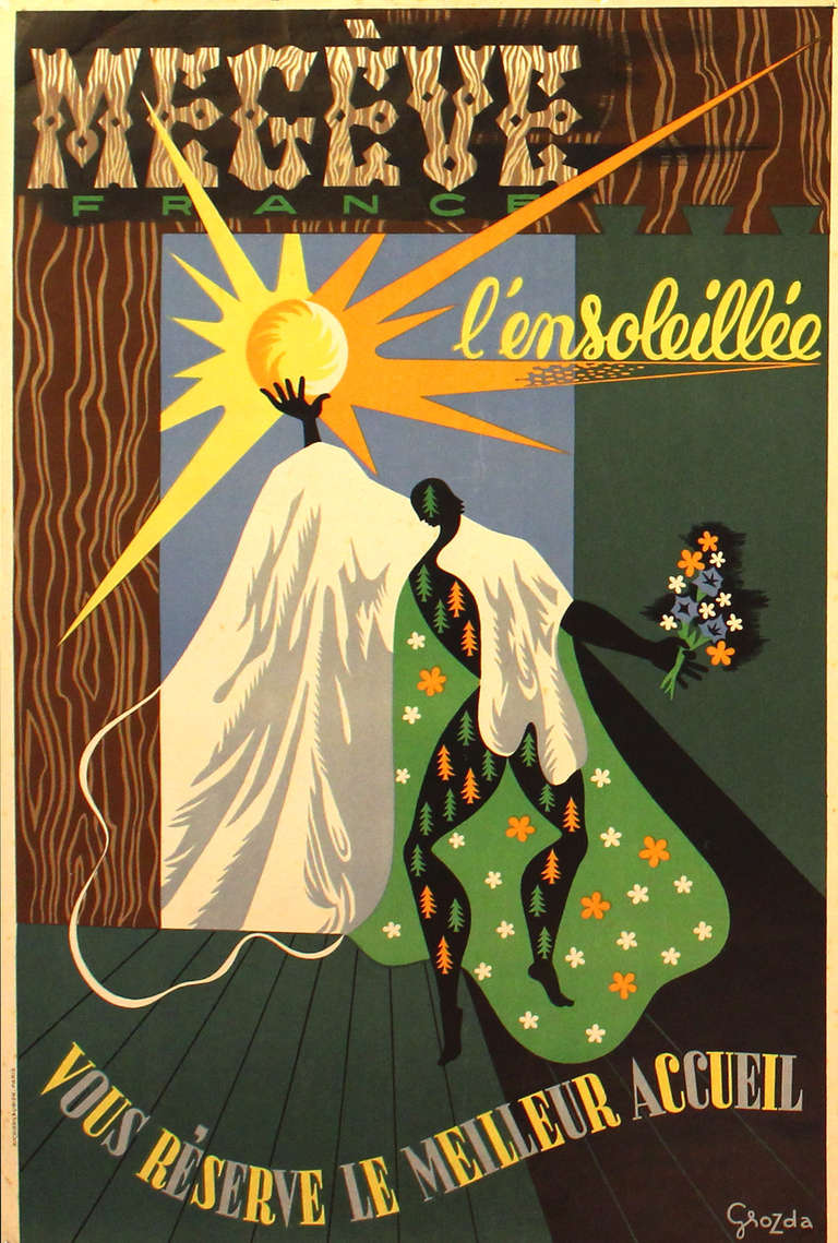 Original vintage travel poster advertising Megeve, France - l'ensoleillee, vous reserve le meilleur accueil (sunshine, you deserve the best welcome). Arty design of a person draped in a snowy mountain holding a bouquet of flowers in one hand and the