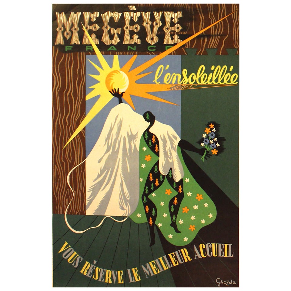 Original Vintage Travel Poster Advertising the Megeve Ski Resort in France