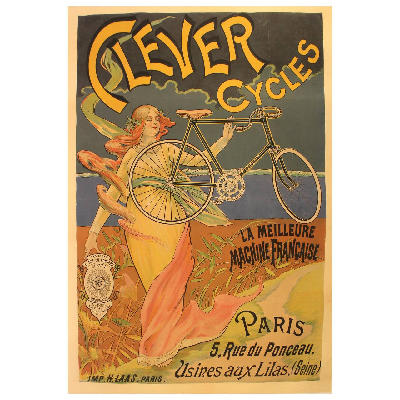 Original French Antique Art Nouveau Bicycle Advertising Poster For
