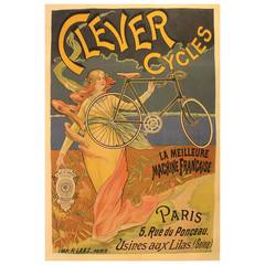 Original French Antique Art Nouveau Bicycle Advertising Poster For Clever Cycles