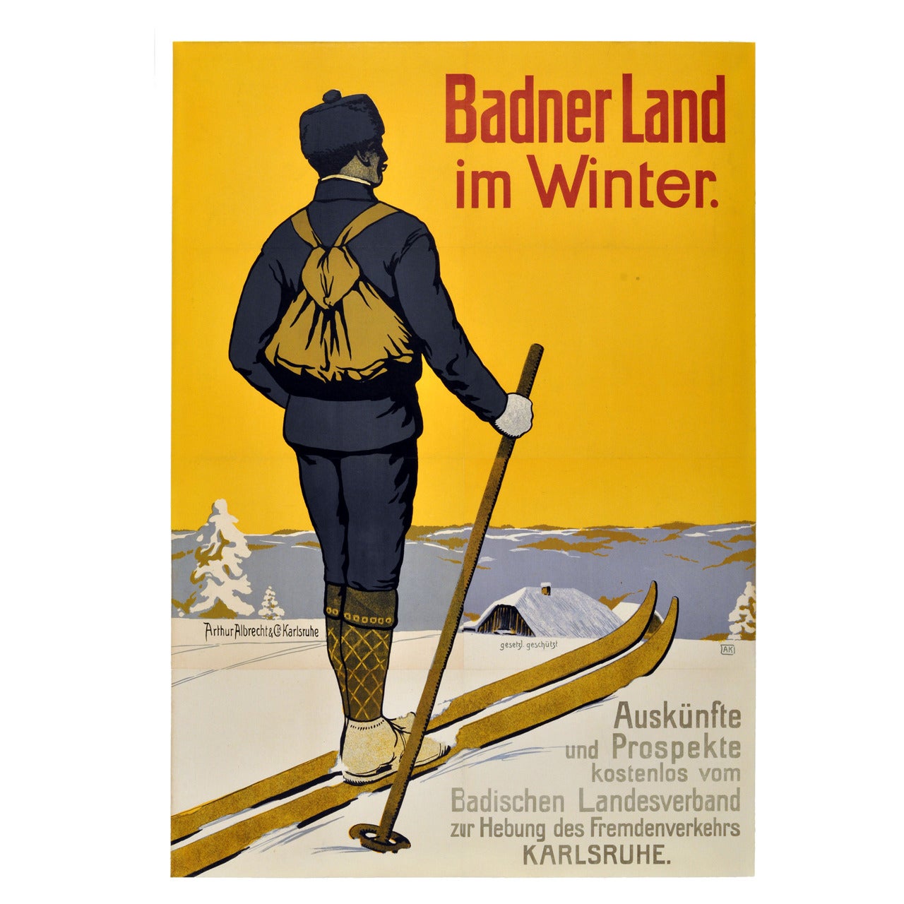 Rare Early, Original Vintage Skiing Poster Promoting Winter in Baden