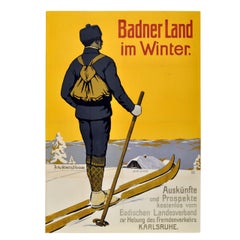 Rare Early, Original Antique Skiing Poster Promoting Winter in Baden