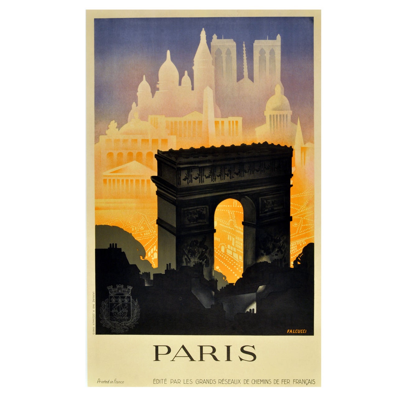 "Paris, " Original Vintage 1930s Art Deco Travel Poster by Robert Falcucci