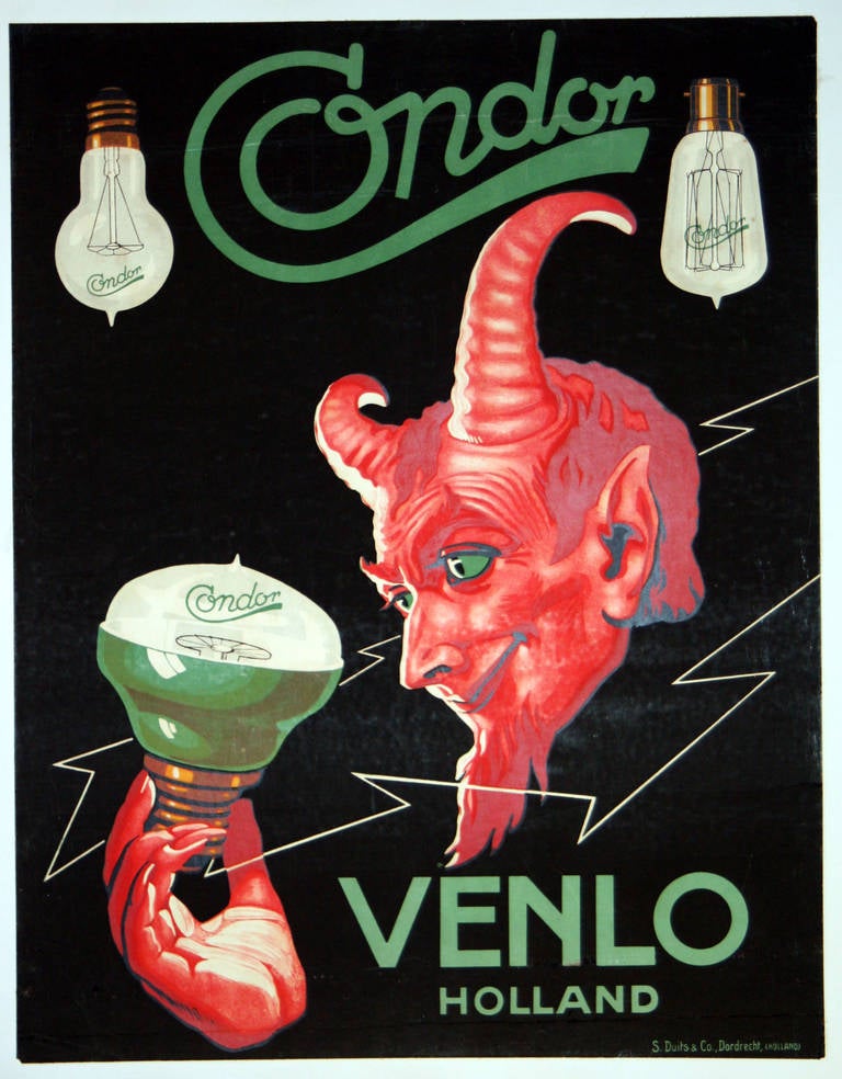 Original vintage advertising poster for Condor Lights, Venlo, Holland. Printed by S Duits & Co Dozdrecht, Holland. Amazing image of a red devil (possibly Lucifer, the morning star) holding a light bulb with lamps above and dramatic electricity lines