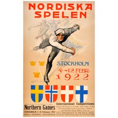 Antique Original Winter Sports Poster For The 1922 Northern Games Featuring Ice Skating