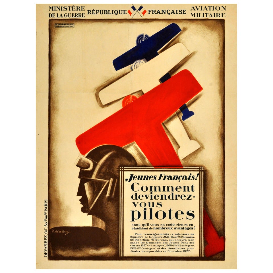 Original Vintage Art Deco French Pilots Recruitment Poster by Ministry of War