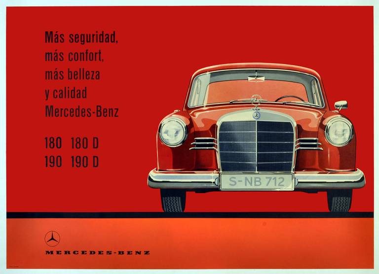 Rare original vintage advertising poster for Mercedes Benz 180, 180D, 190, A90D - security, comfort, beauty and quality of Mercedes Benz. The Mercedes-Benz W120 and W121 Ponton cars were produced from 1953-1962 and sold under the 180 and 190 model