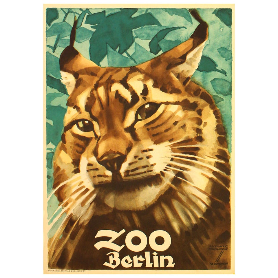 Original Vintage 1930s Poster for Berlin Zoo Featuring a Lynx by Ludwig Hohlwein