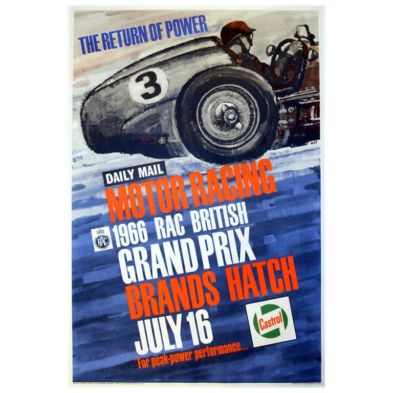 Original Vintage Motor Racing Poster, "1966 British Grand Prix, Brands Hatch" For Sale at 1stdibs