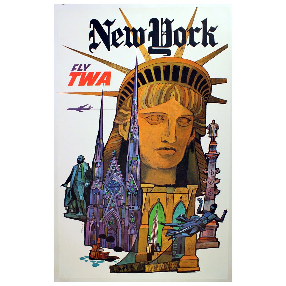 Original Vintage Travel Poster By David Klein New York Fly TWA Statue Of Liberty