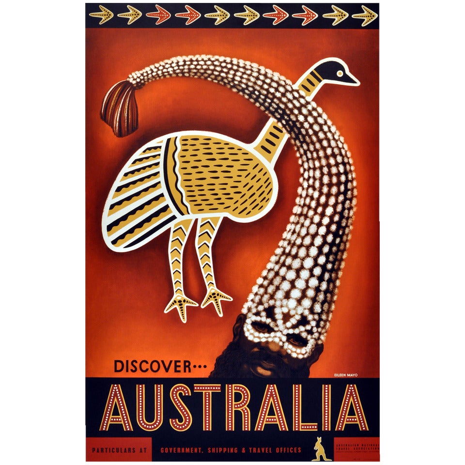 Original Vintage Poster, "Discover Australia" Traditional Aboriginal Art Design