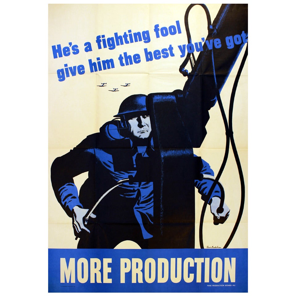Affiche vintage originale de la Seconde Guerre mondiale More Production « He's A Fighting Fool », Seconde Guerre mondiale