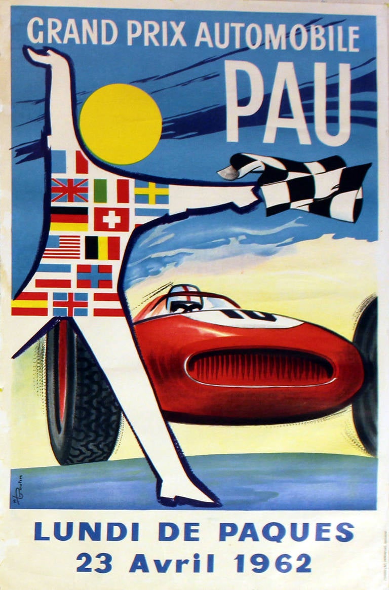 Original vintage car racing poster for the 1962 Pau Grand Prix