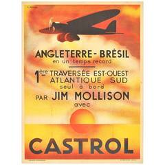 Original Vintage Art Deco Poster by Jim Mollison, England to Brazil, Castrol