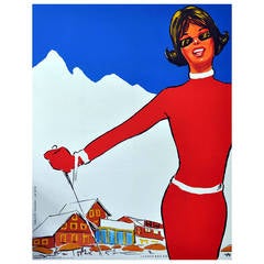 French Skier Girl, Large and Bright Original Vintage 1950s Skiing Poster