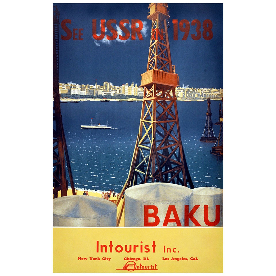 Original Vintage Soviet Travel Poster for Intourist Promoting Baku, Azerbaijan