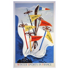 Original-Vintage-Ski-Poster SNCF – Wintersport in Frankreich – Alpen Vosges Etc.