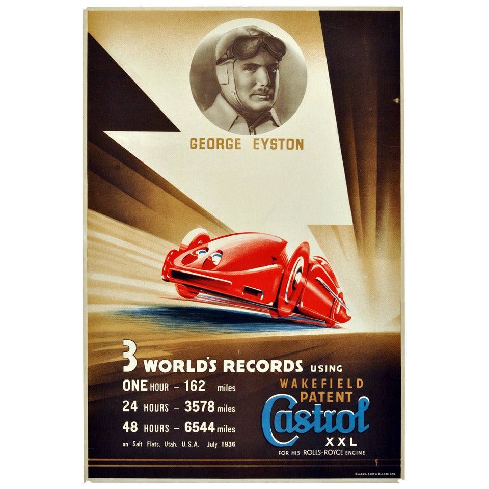 Art Deco car racing poster: George Eyston - Castrol, Rolls Royce World Records