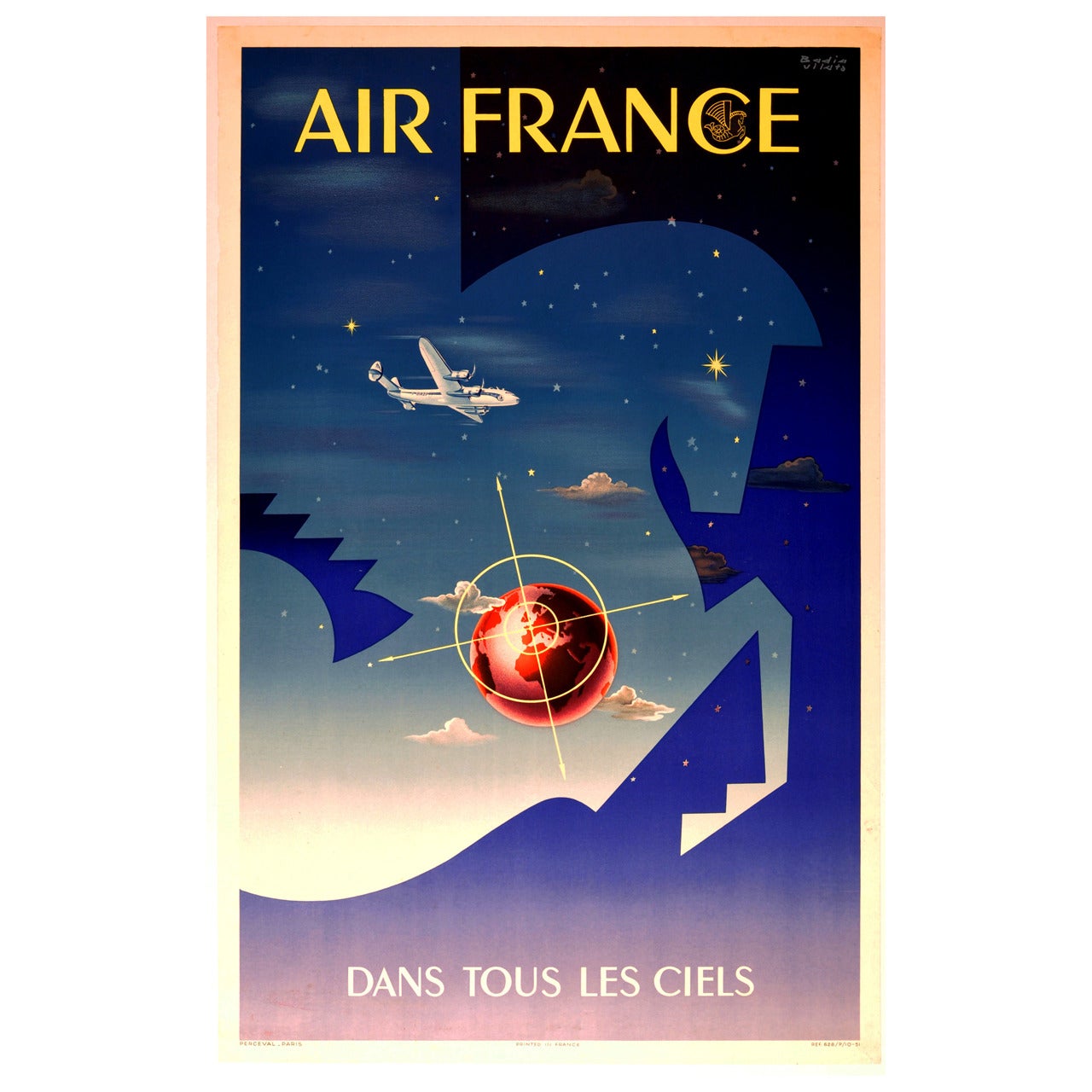 Original vintage Art Deco style advertising poster for Air France