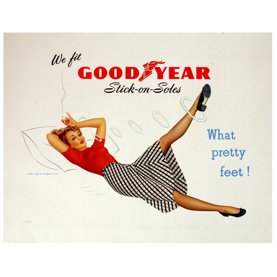 Original Vintage Pin Up Style Poster, Goodyear Stick on Soles, What Pretty Feet