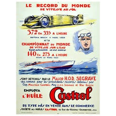Original Antique poster issued by Castrol featuring Segrave's 1929 speed records