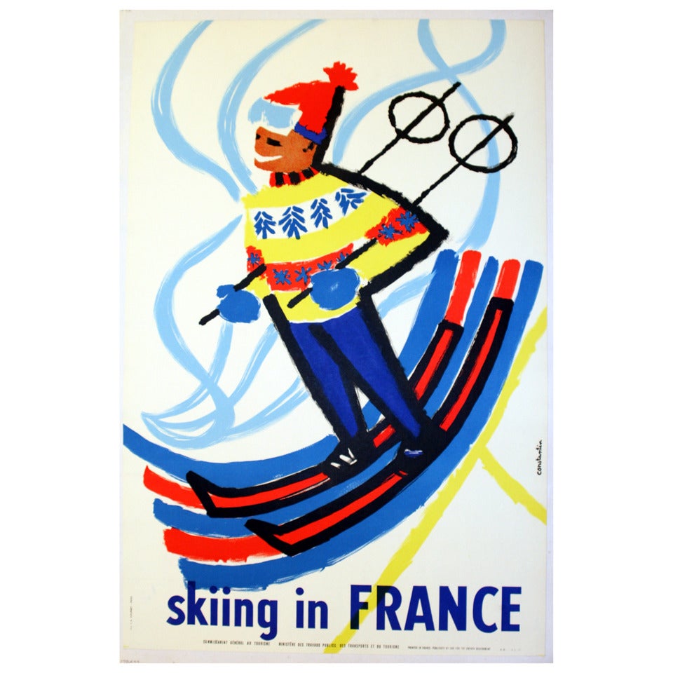 Colorful Midcentury Original Vintage Ski Poster ‘Skiing in France’