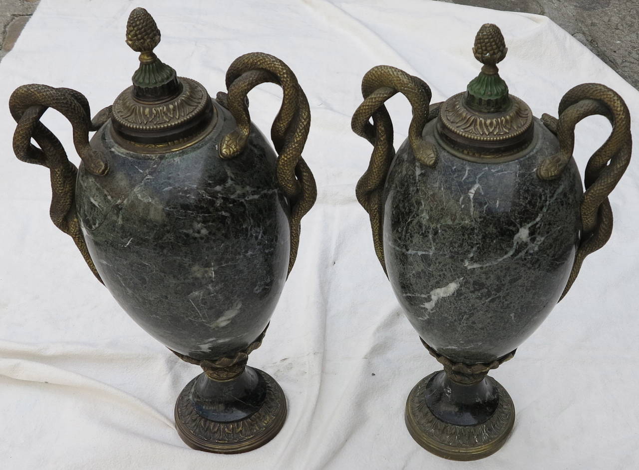 Pair of Cassolettes N3 Green Marble and Bronze Snakes