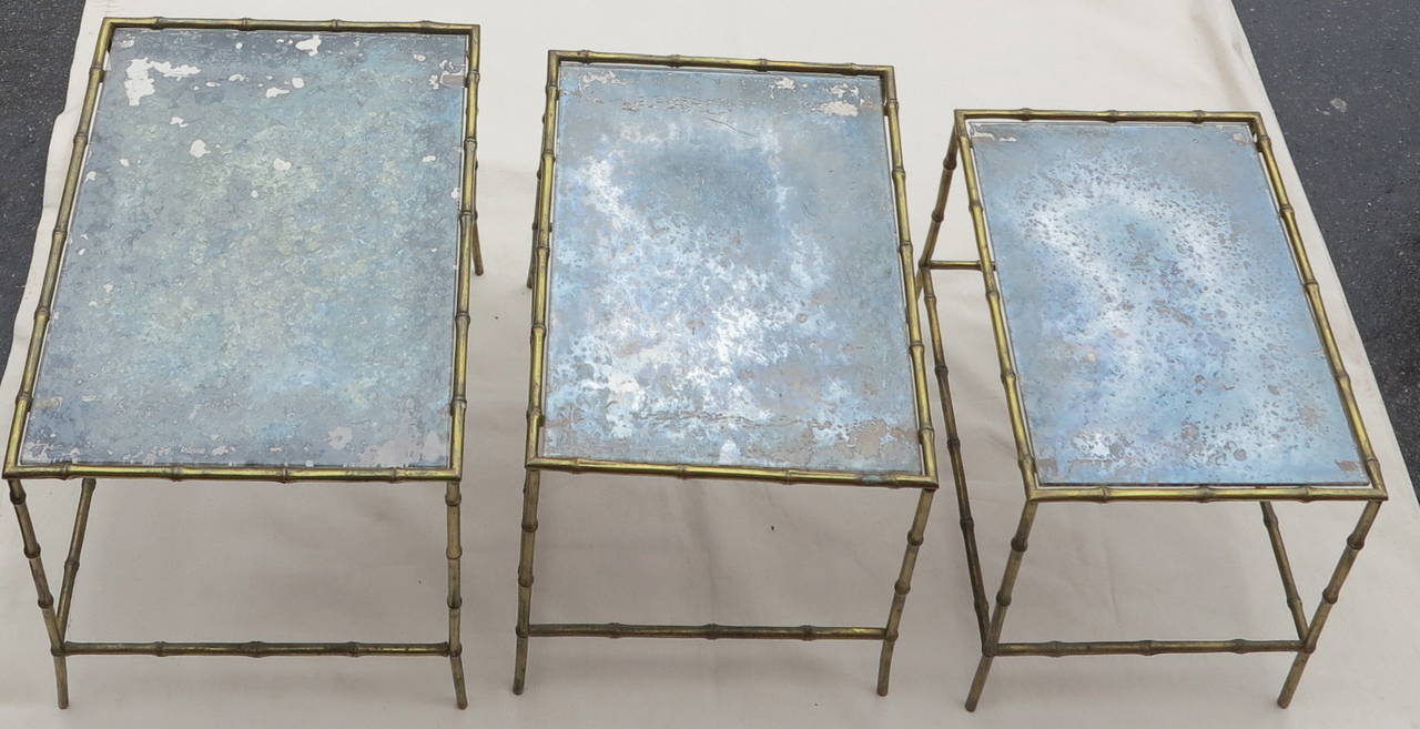 French Three Nesting Tables with Oxidized Mirror Top