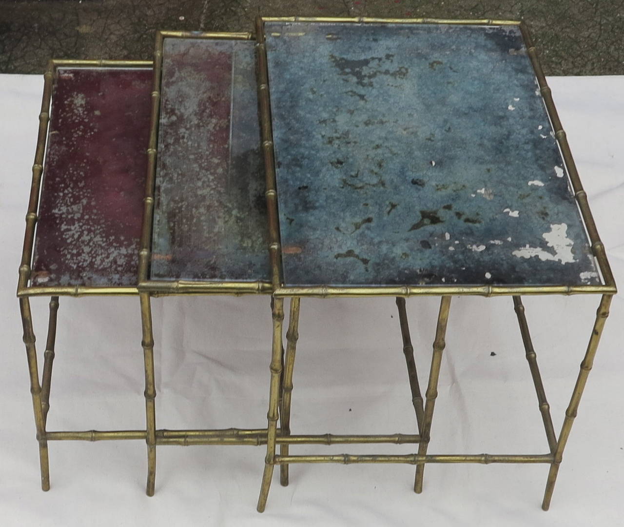 Mid-20th Century Three Nesting Tables with Oxidized Mirror Top