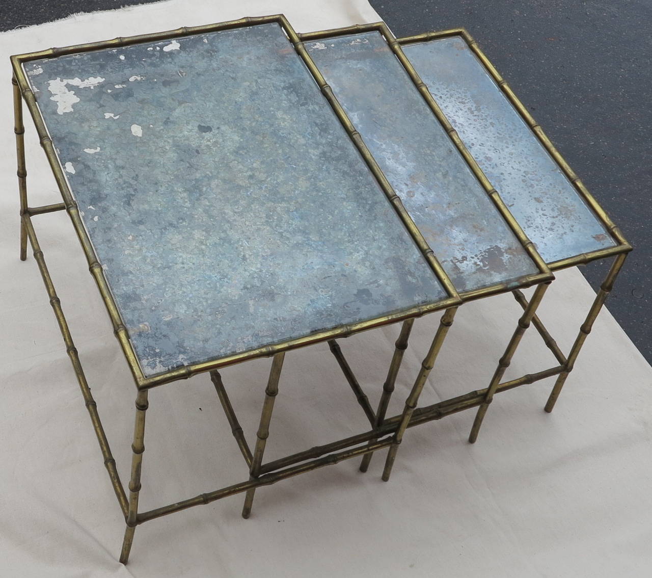Bronze Three Nesting Tables with Oxidized Mirror Top