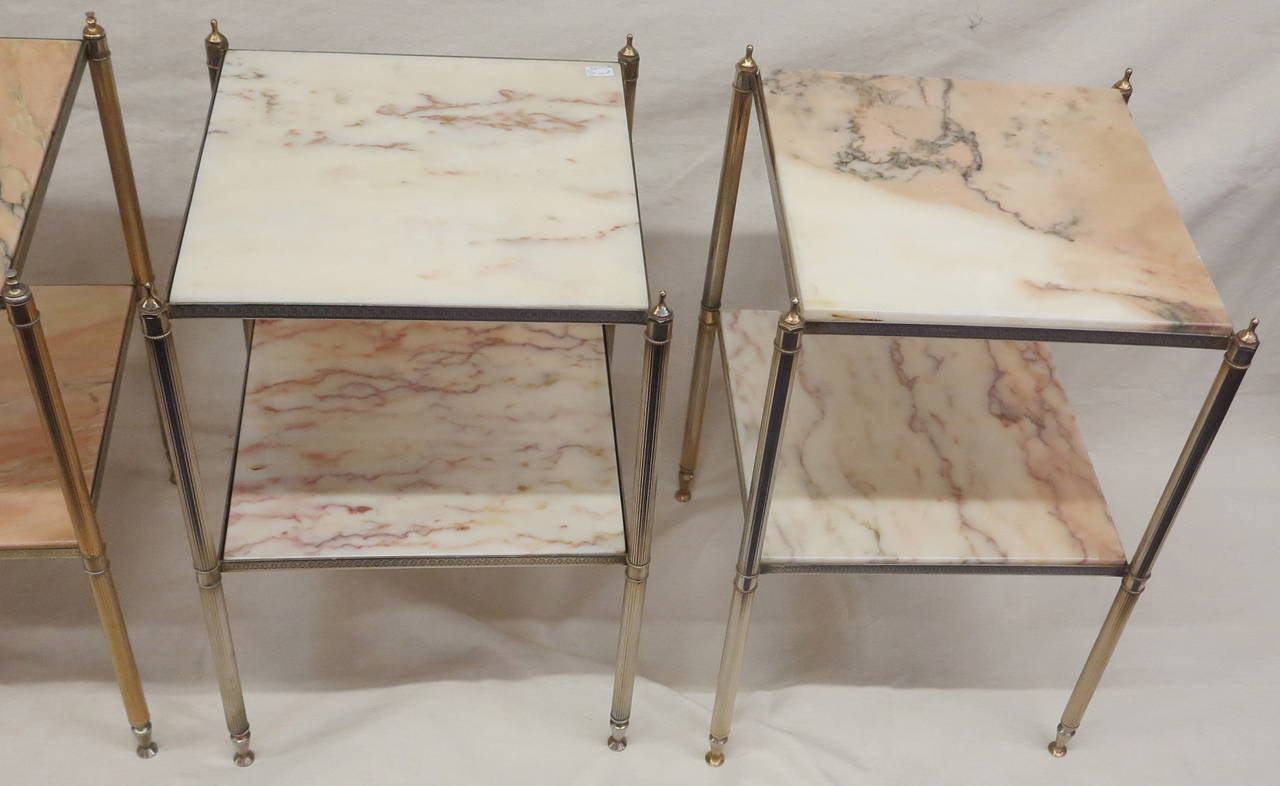 Pair of end Tables with Marble tops by Maison Bagués, amounts in brass and bronze, good condition ,circa 1950/70,