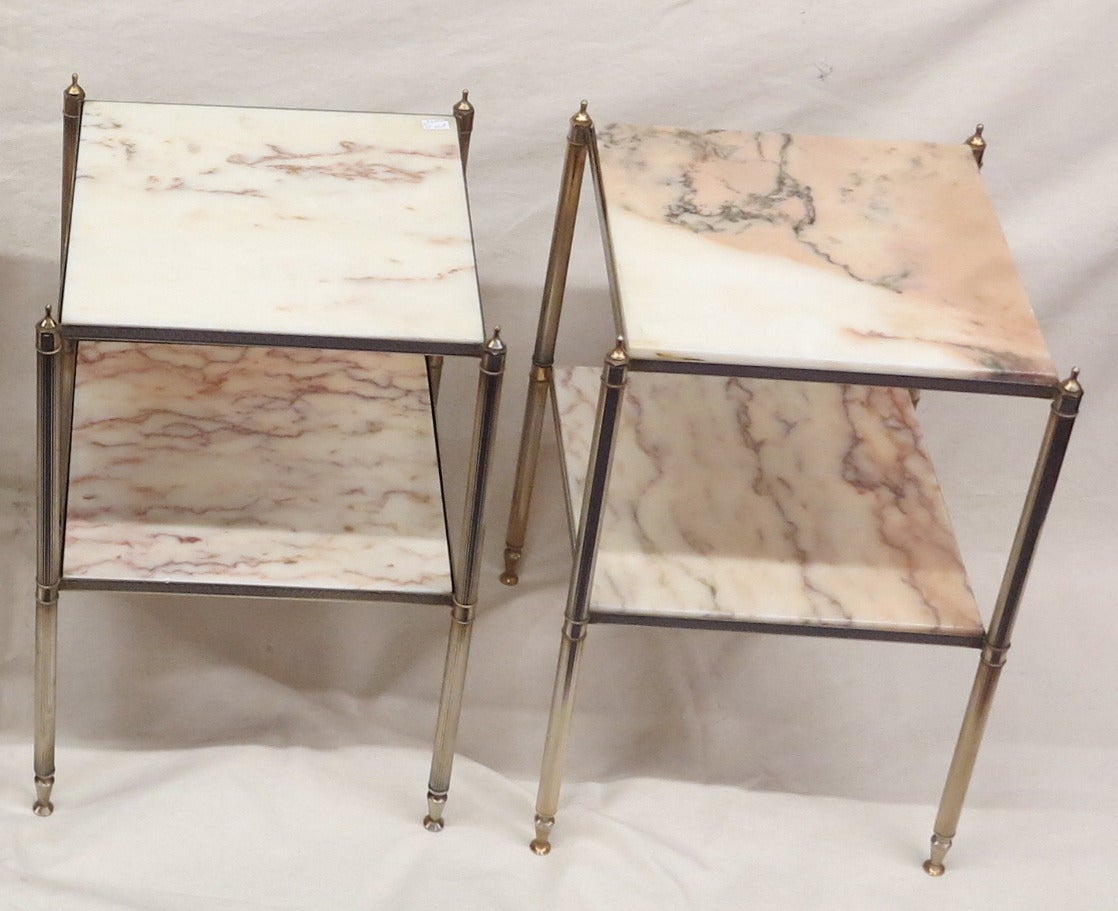 Brass Pair of Maison Baguès End Tables with Marble Tops
