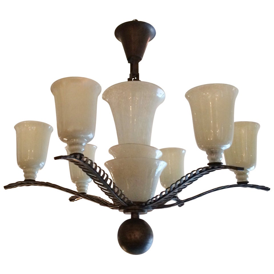Chandelier and Two Sconces Signed by Edgar Brandt and Daum