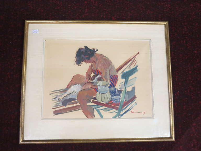 Watercolor Pierre Hugues Le Marchand 1906-1970 framed with a gold frame, size 44 x 32
good condition