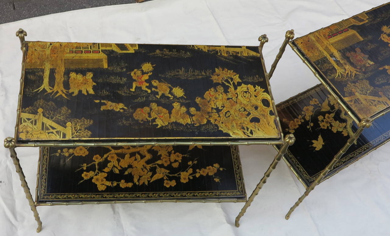 Napoleon III 1970 Pair of Coffee Table by Maison Bagues Lacquer of China Palm Tree Model