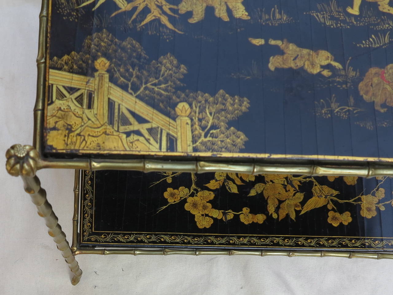 Bronze 1970 Pair of Coffee Table by Maison Bagues Lacquer of China Palm Tree Model