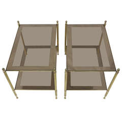 Pair of End Tables with Bronze and Tinted Glass Maison Baguès Style